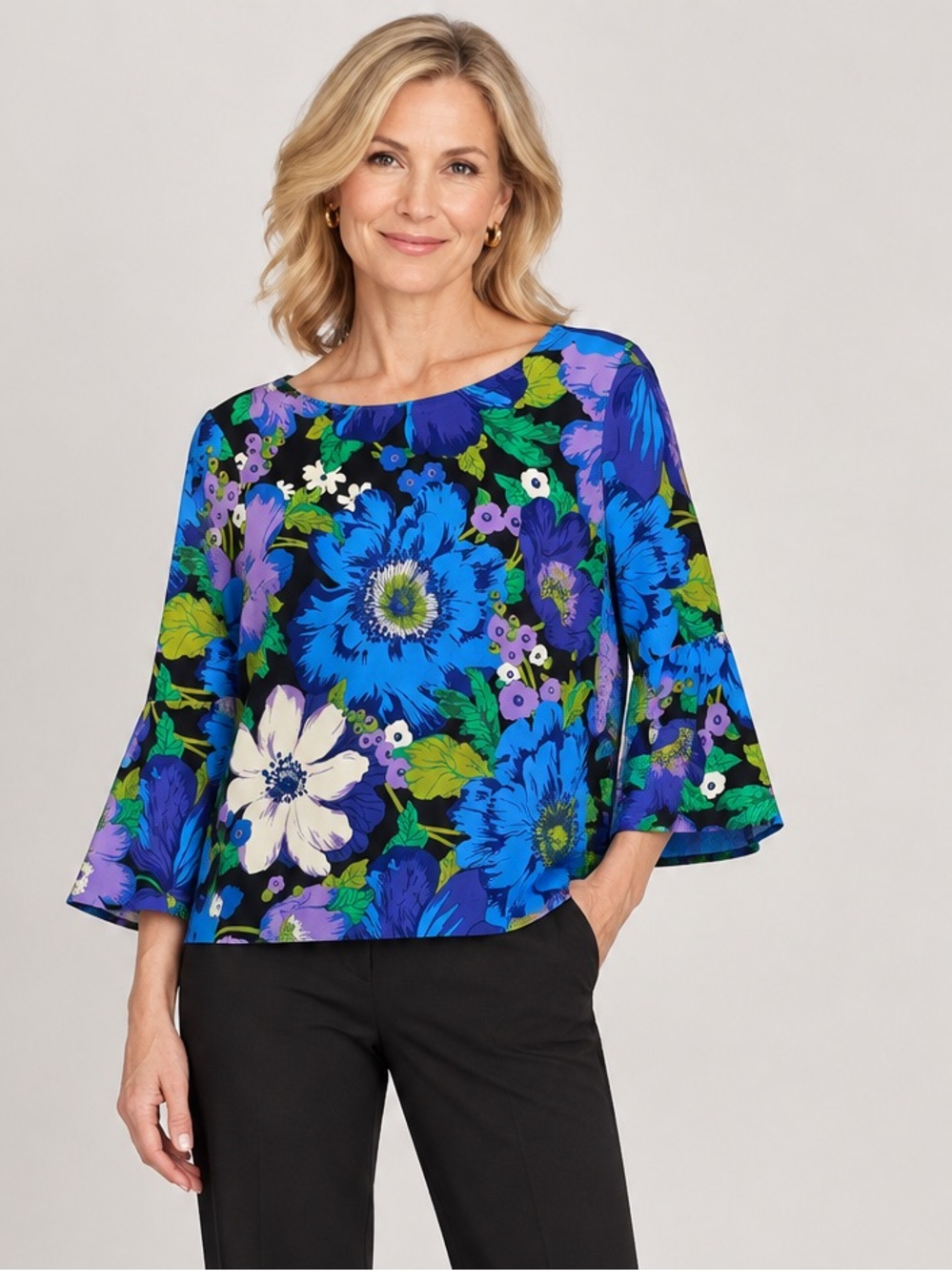 Trina Turk Blue & Purple Floral Bell-Sleeve Tunic Top. Medium.
